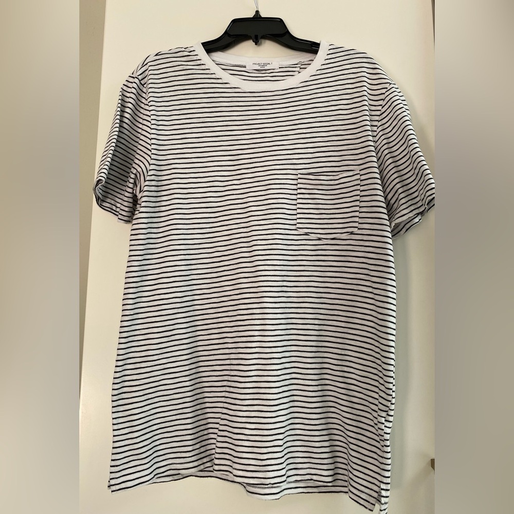 Project Social T Black and White Striped Tee, Men’s size M